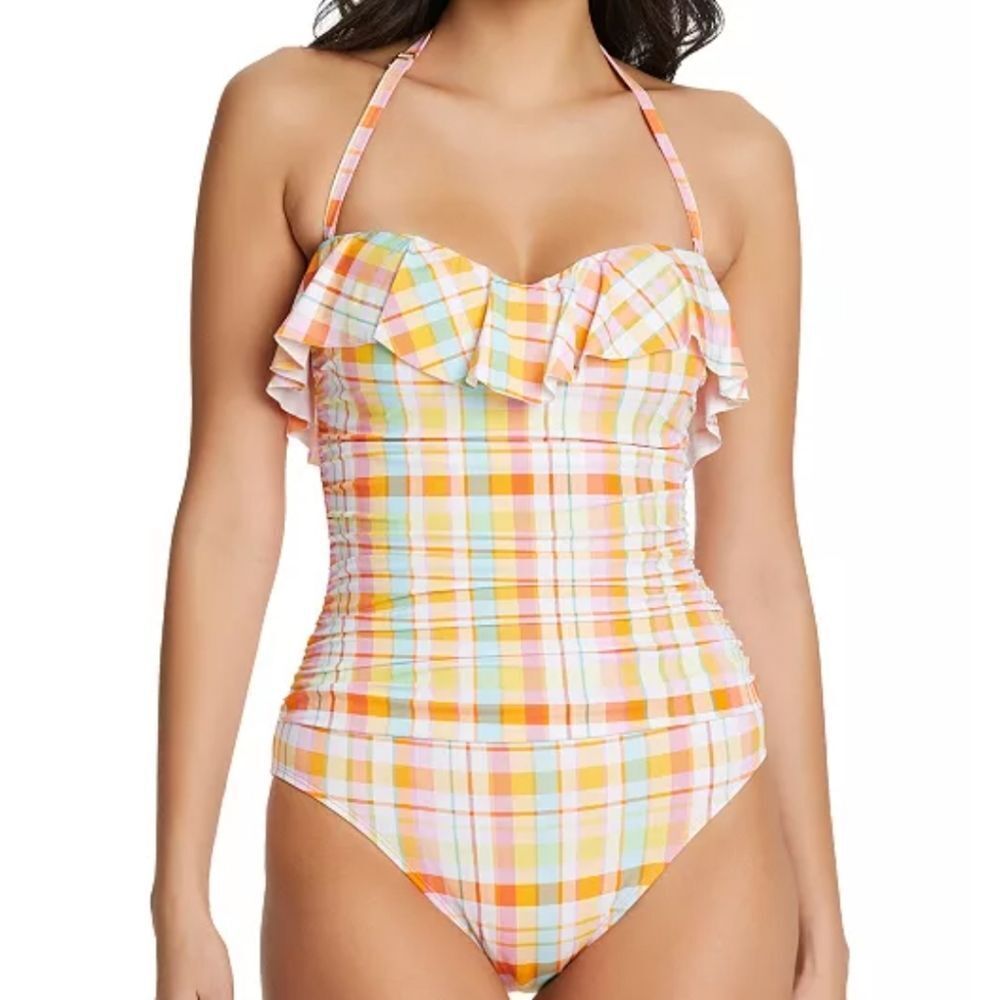 Bleu by Rod Beattie Hip to be Square Plaid Ruffle Bandeau One-Piece Swim…